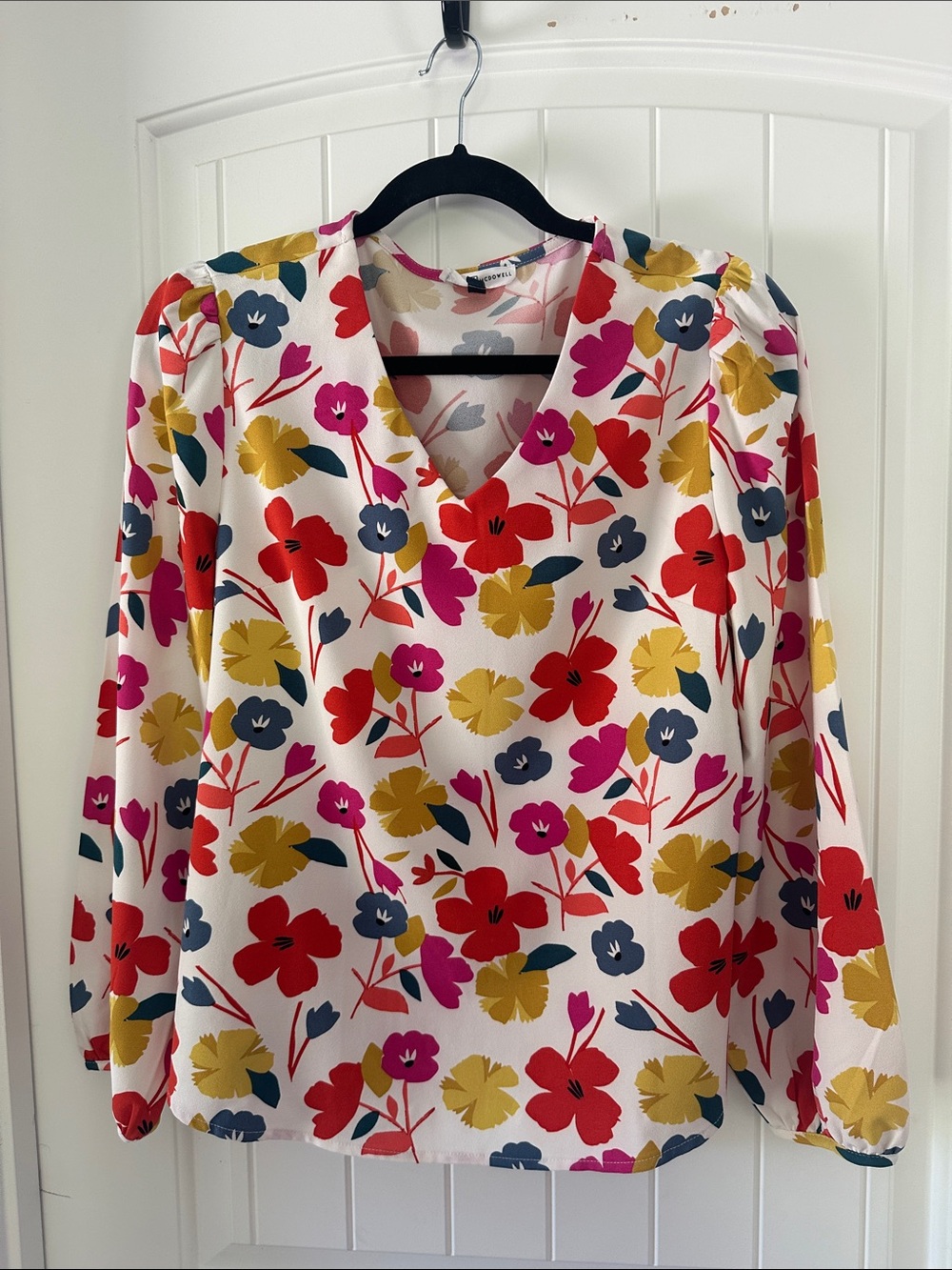 Floral V-Neck Long Sleeve Blouse - White with Multicolor Print
